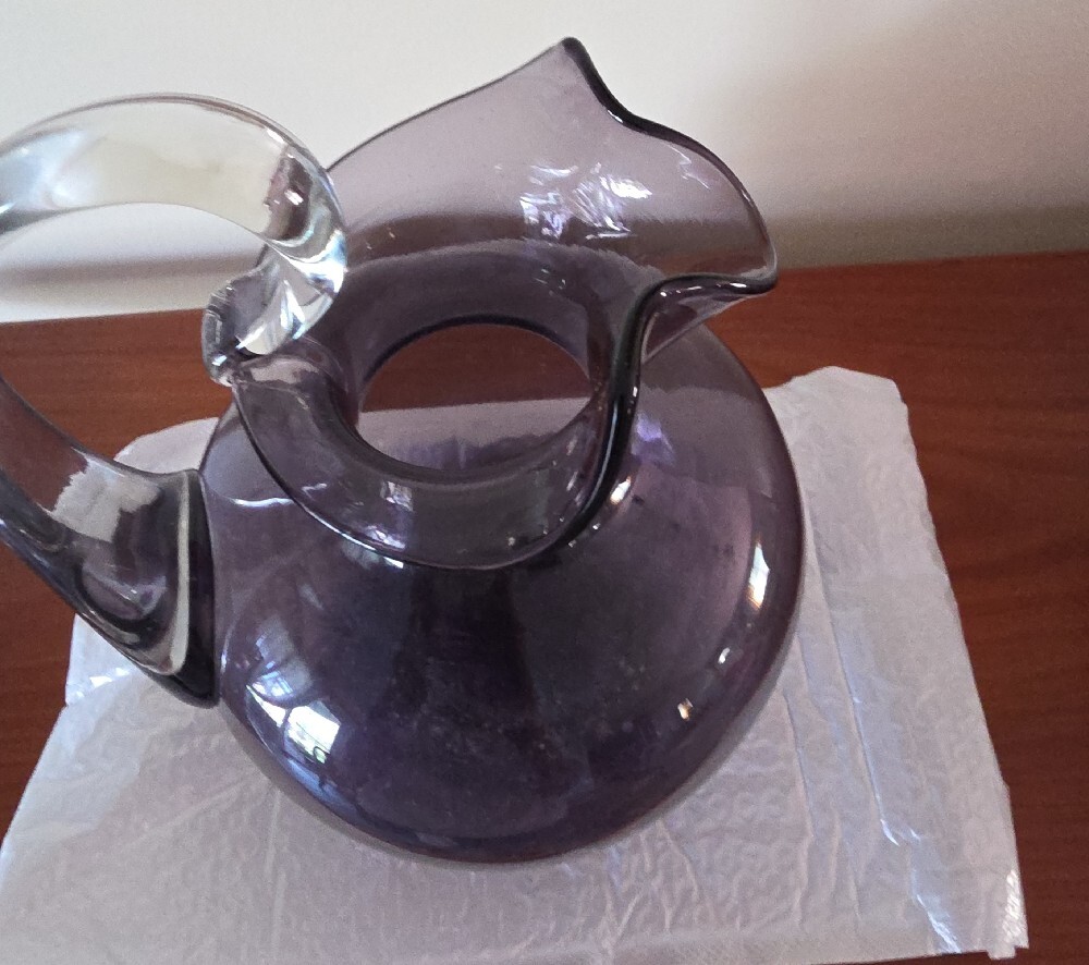 Handblown Deep Purple Glass Pitcher with Clear Handle - Decorative Vase - Picture 3 of 6